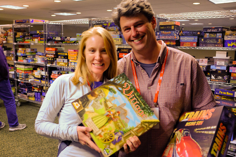 Julie and Jim, Julie's first checkout from the BGG.CON library