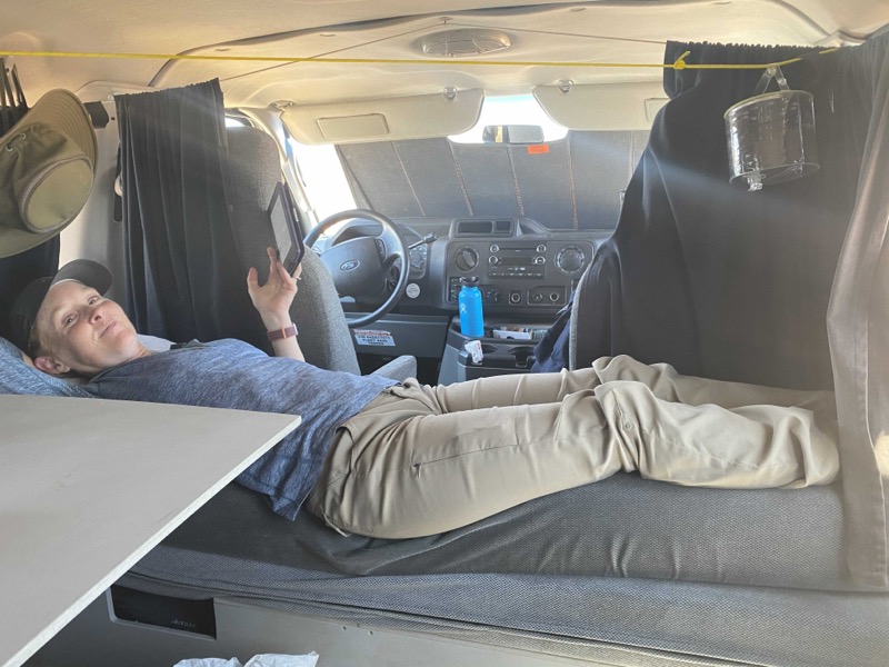 Julie napping in the van