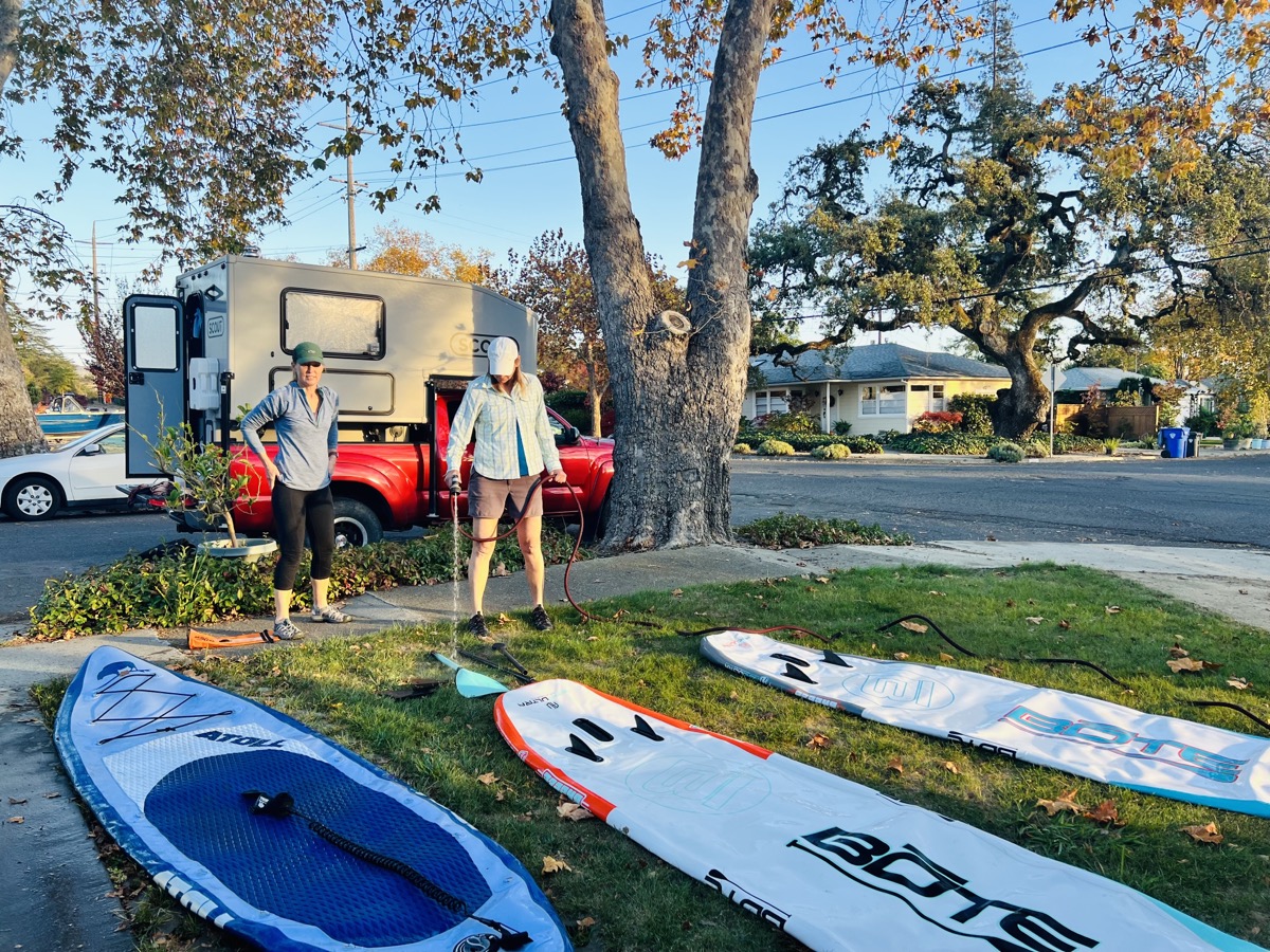 Cleaning the boards after our adventure