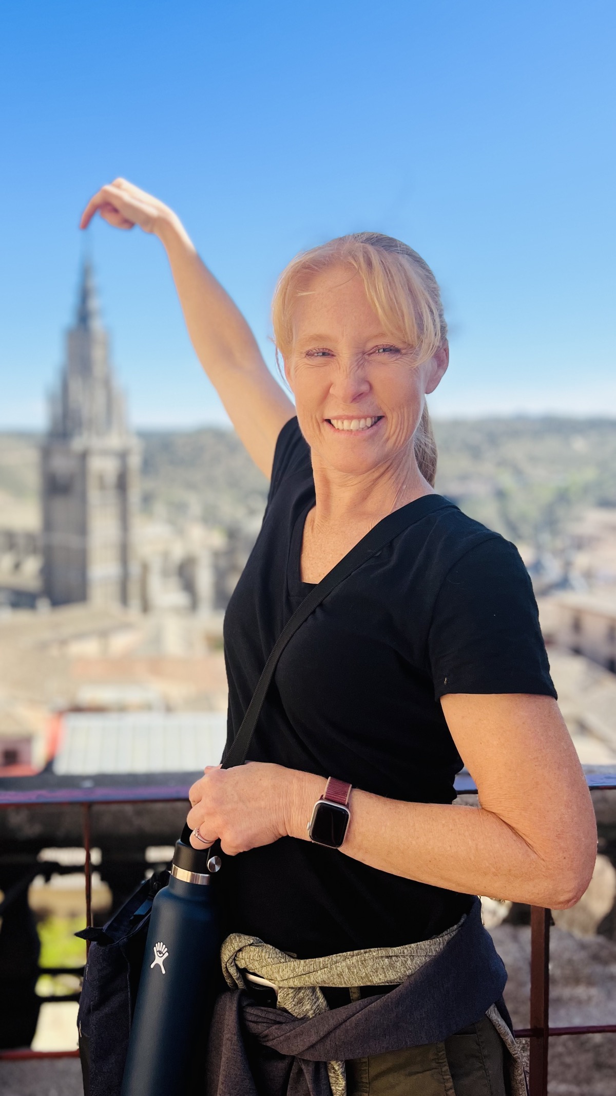 Julie points out the cathedral