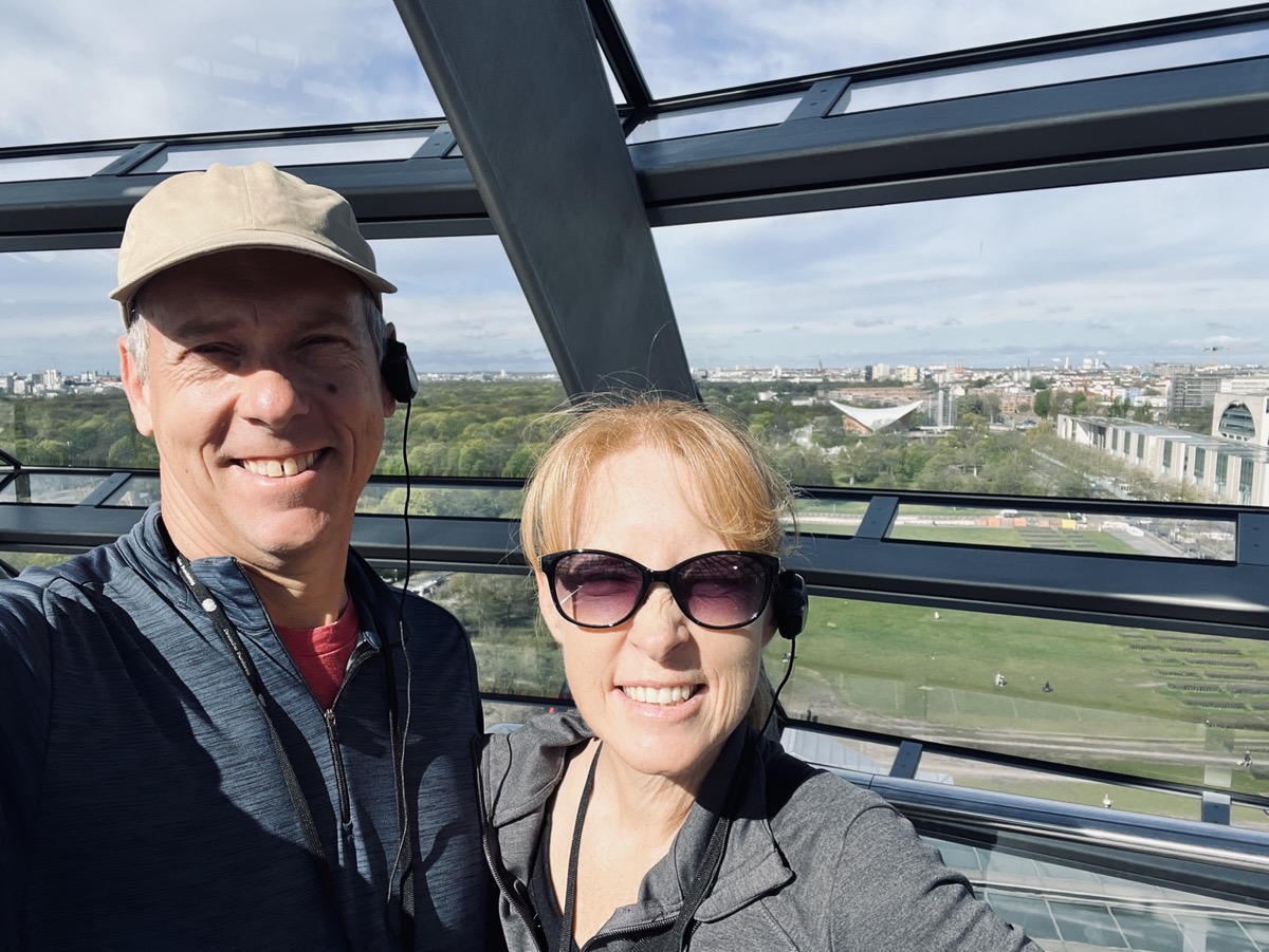 Julie and I in Reichstag dome with Tiergarten behind