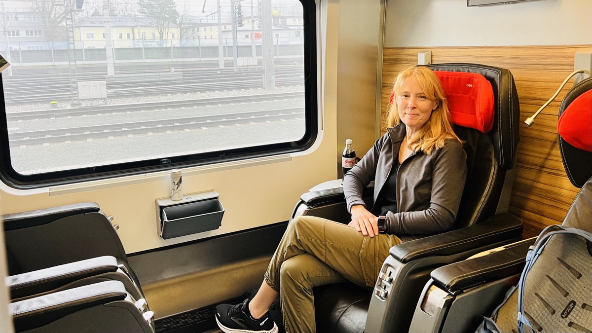 Julie in our fancy train to Linz