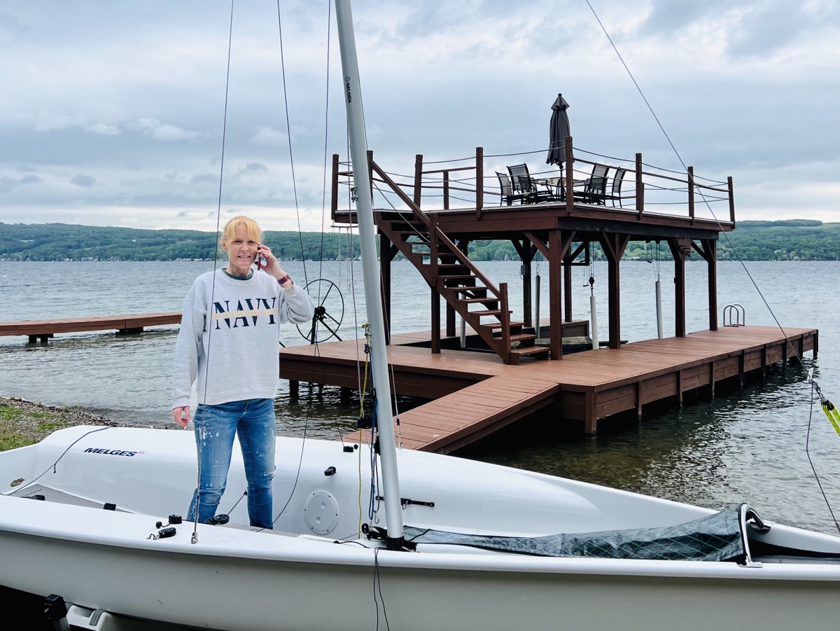 Julie working to rig the boat