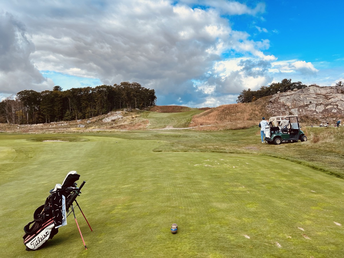 My golf bag with the big rocky hill ahead