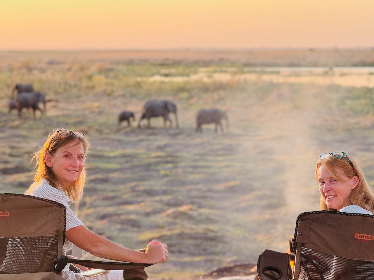 Karen and Julie on back porch with elephants