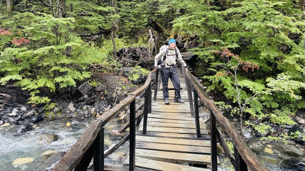 Karen crossing the very stable bridge