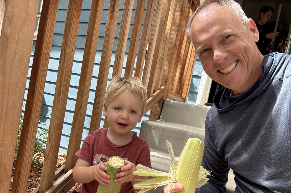 Shucking corn with Rory